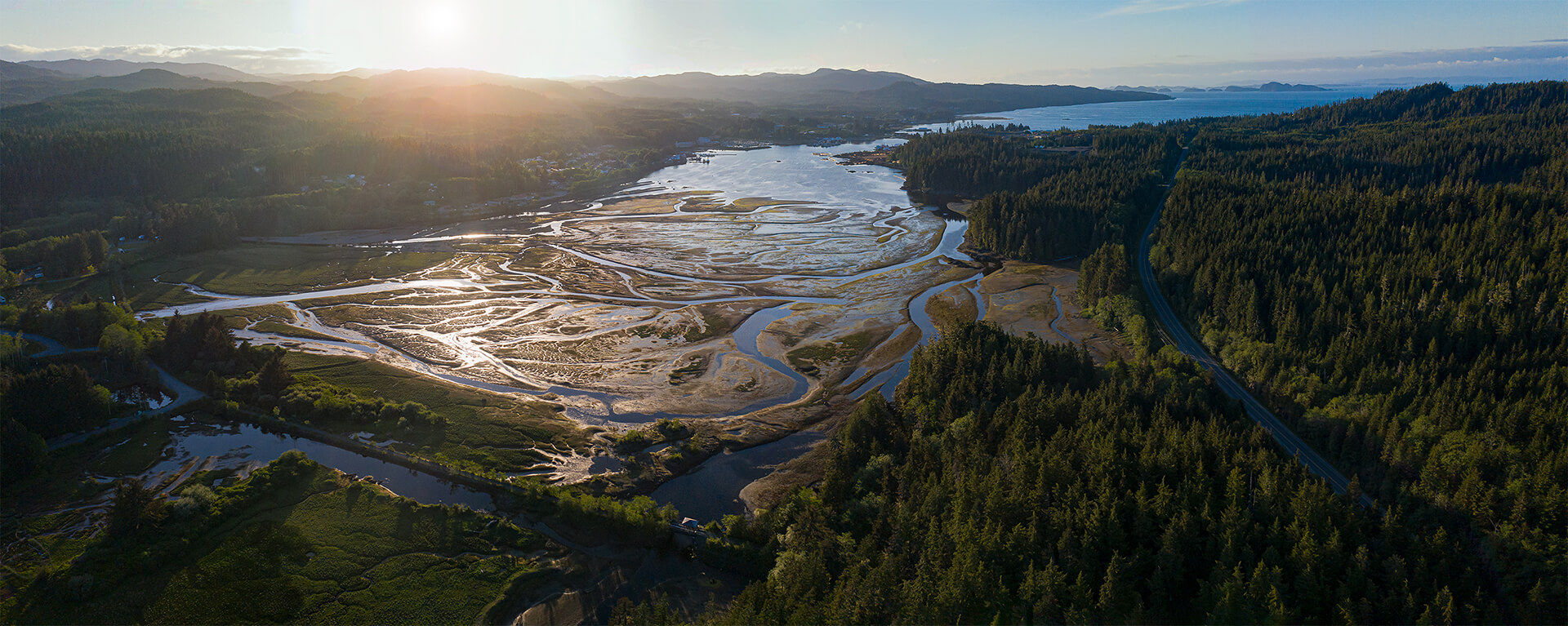 Beautiful panoramic shot of Estuary and surrounding town in British Colombia